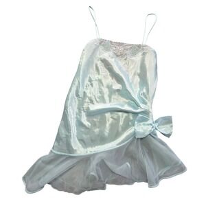 Val Mode Vintage Satin & Tulle Chemise Babydoll‎ Slip Light Blue Petite